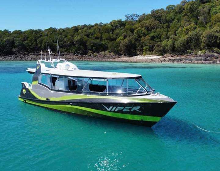 Viper, a black and green fast boat run by Iconic Whitsunday Adventures, moored in clear water off a Whitsunday island