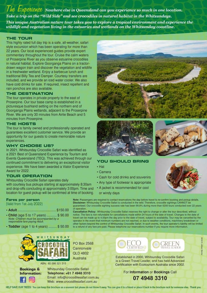 Whitsunday Crocodile Safari brochure back page: the tour, the destination, the hosts, what to bring, fares and booking details
