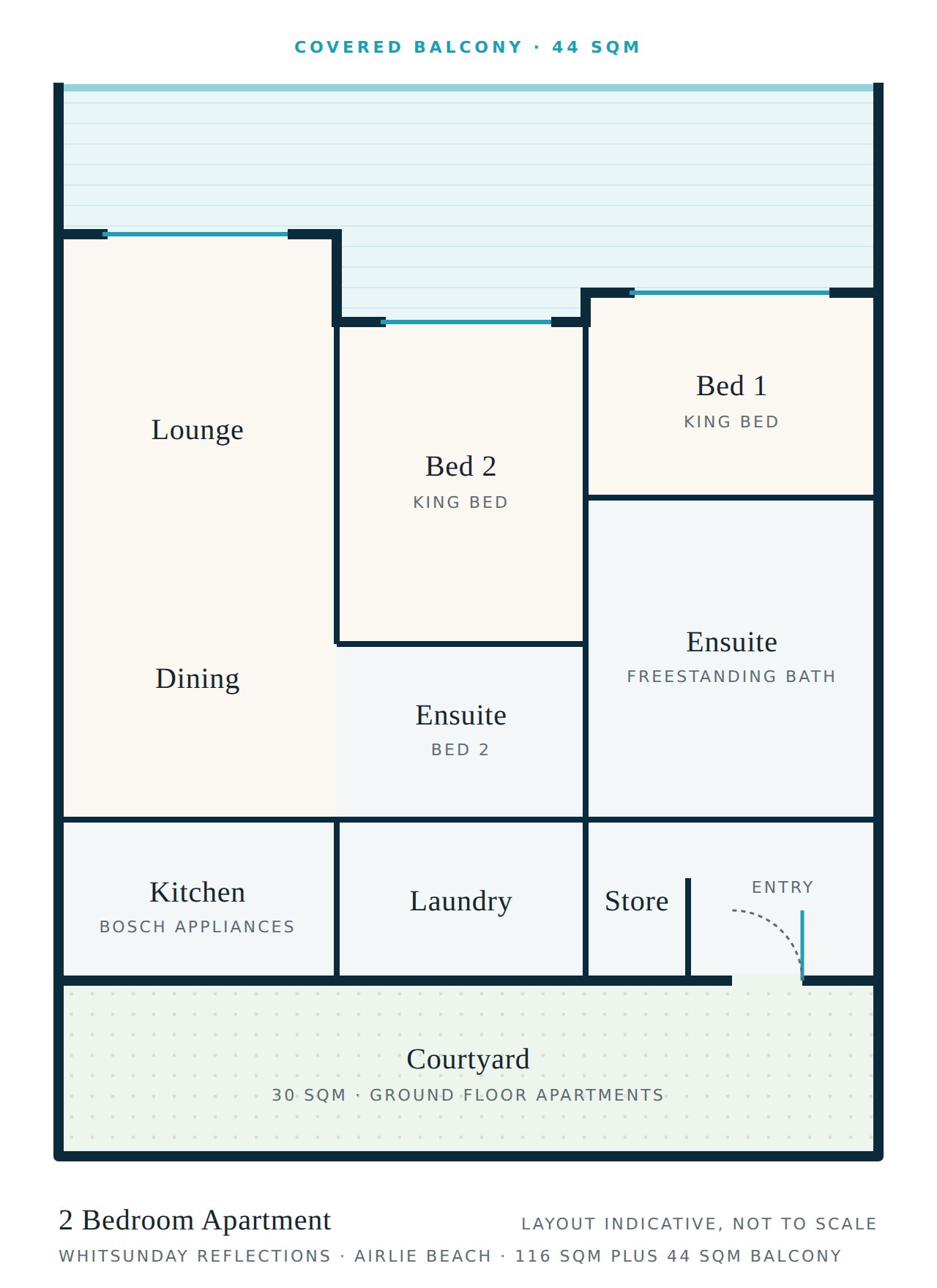 2 bedroom apartment floor plan at Whitsunday Reflections, Airlie Beach: two bedrooms each with an ensuite, open-plan kitchen, lounge and dining, and a covered balcony