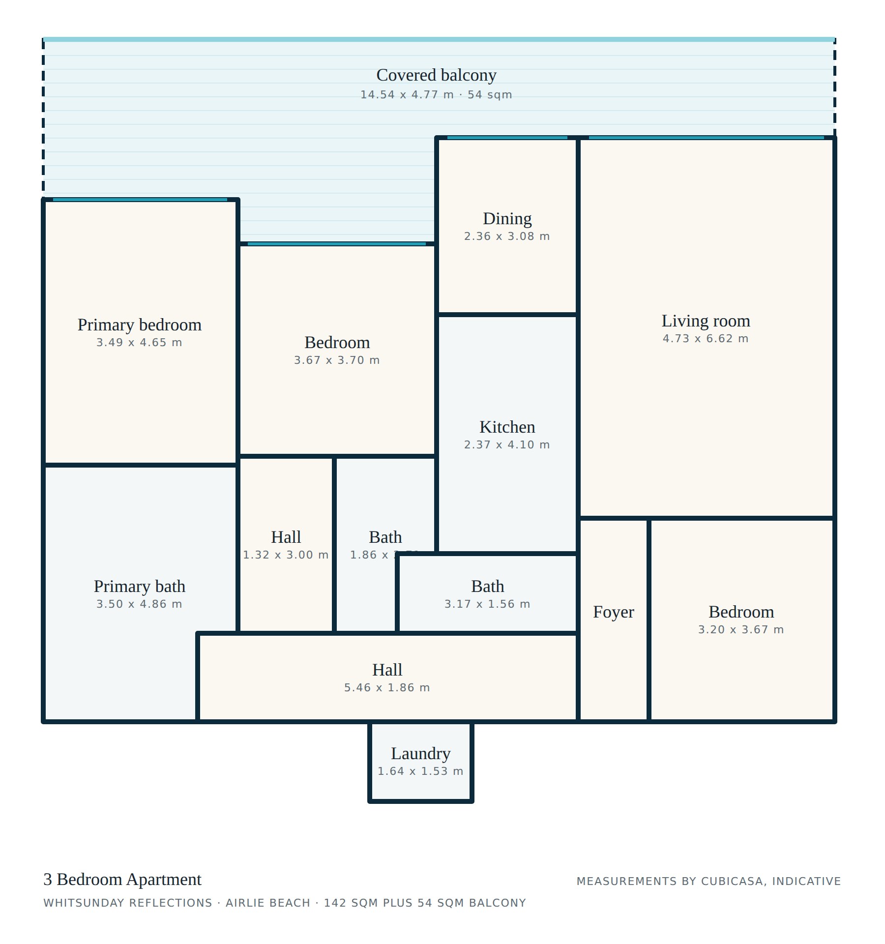 3 bedroom apartment floor plan at Whitsunday Reflections, Airlie Beach: three bedrooms each with an ensuite, open-plan kitchen, lounge and dining, and a 54 sqm covered balcony