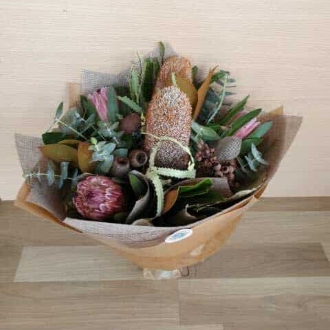 Australian native bouquet of banksia, protea, gum nuts and eucalyptus, delivered to Whitsunday Reflections, Airlie Beach