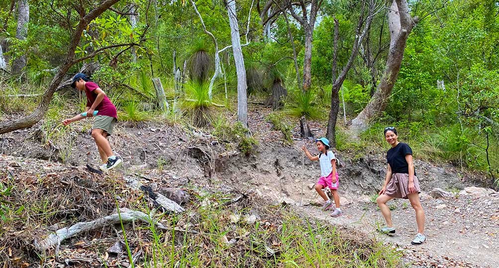 A family walking a bush track through grass trees and eucalypt forest in Conway National Park near Airlie Beach