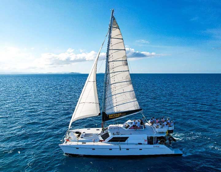 Wings III, a white 60 foot sailing catamaran run by Wings Sailing Charters, under sail on the deep blue water of the Whitsundays